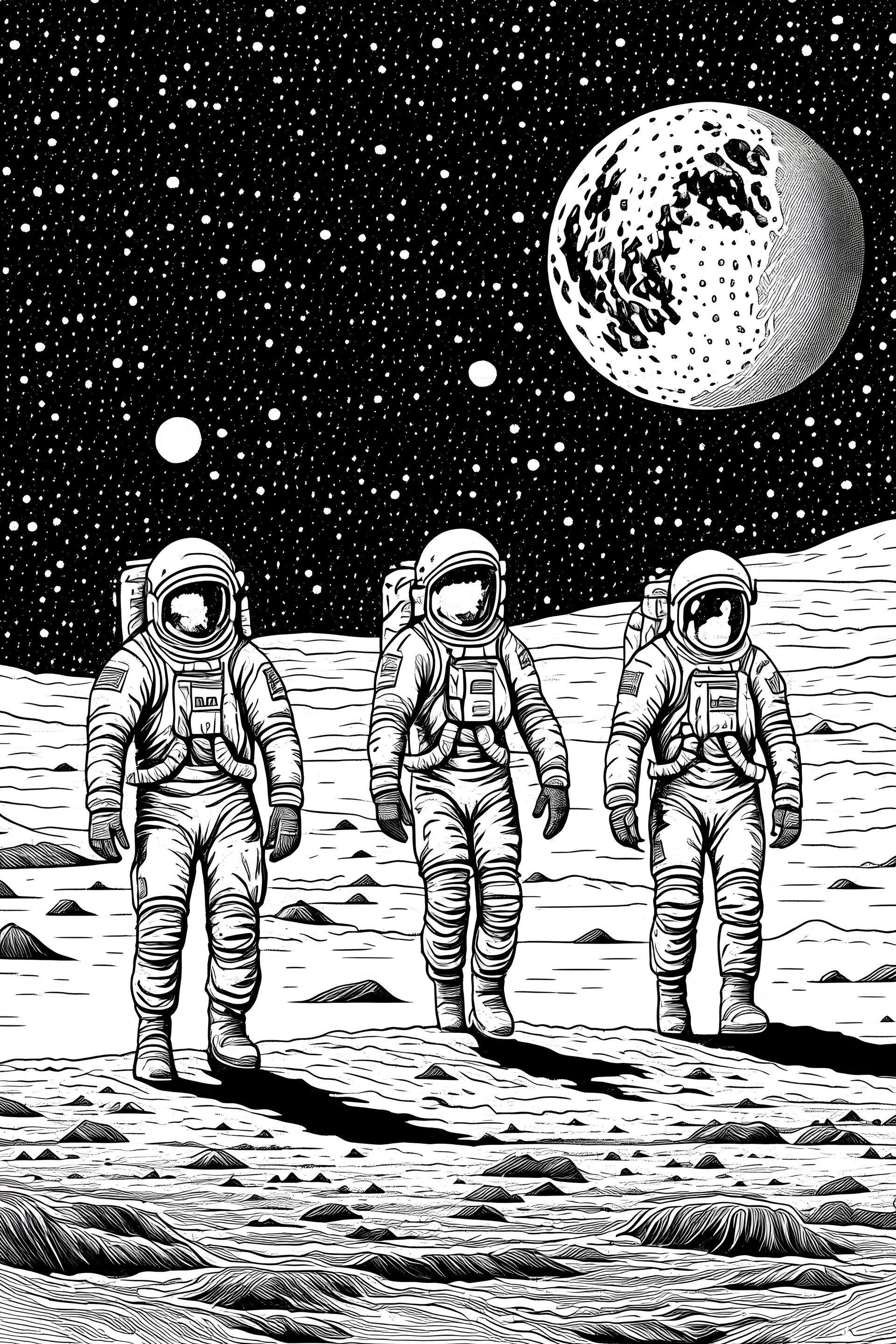 personas en el espacio caminando sobre la luna en blanco y negro y estilo realista