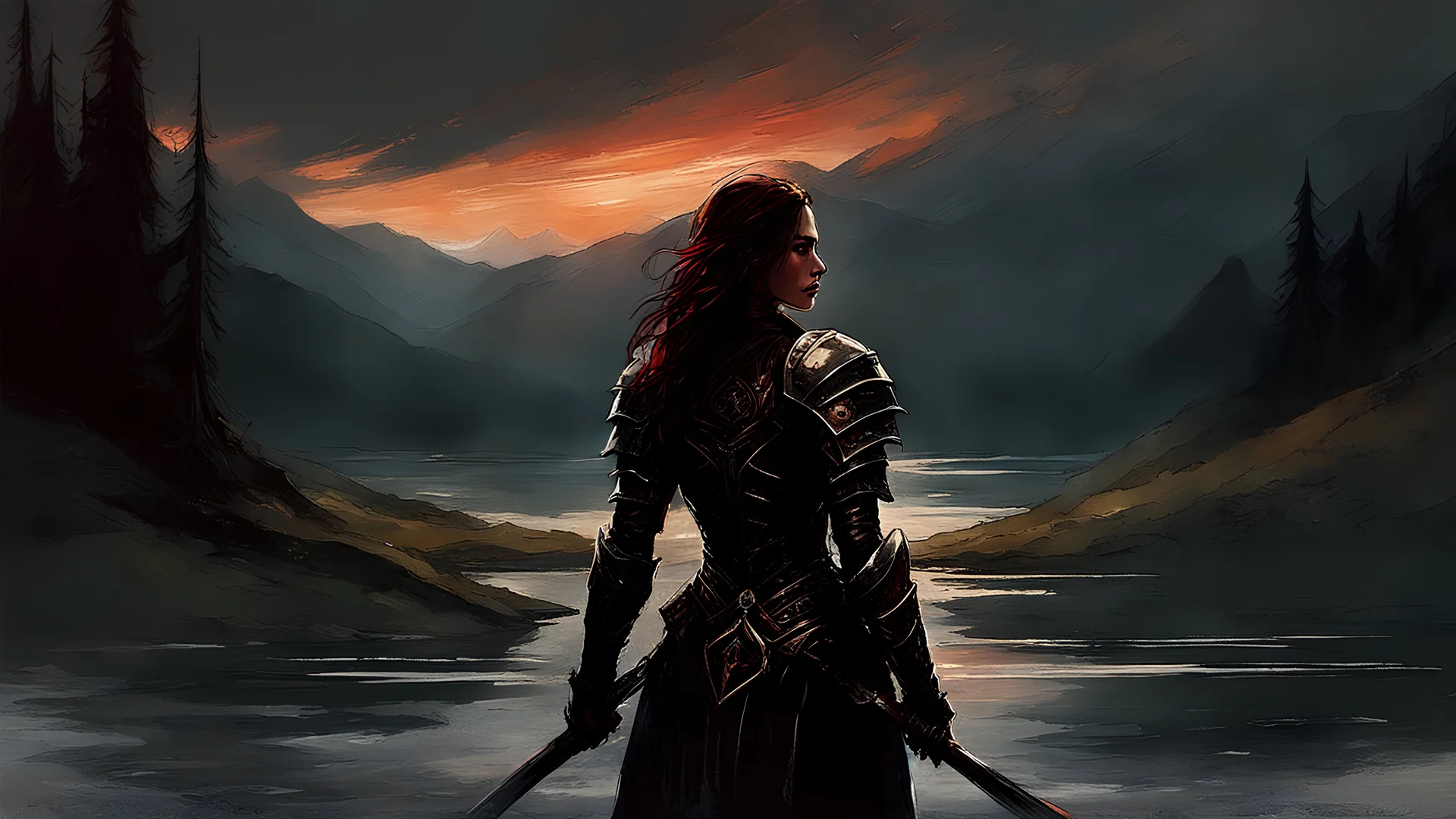 A formidable warrior girl in black armor, on the background Amazing gloomy landscape, flooded with sunset, mountains, trees, fabulous scary hero, , juicy emotions, painting, dark fantasy, gloomy day, dark world, portrait, by Alyssa Monks & Raymond Swanland & James Paick & Anna Razumovskaya