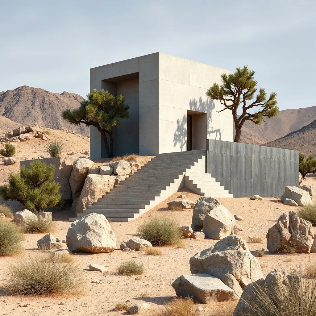 A realistic photograph of a desert landscape with a brutalist-style light concrete structure in the center, with very high steps and a wall made of dark concrete, and rocks and trees around it. Details of the rocks very accentuated