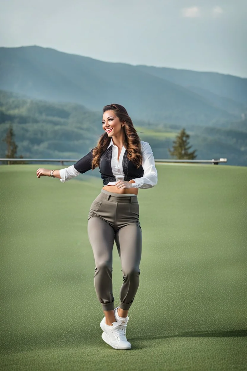 lady in pants and blouse and sport shoes dancing