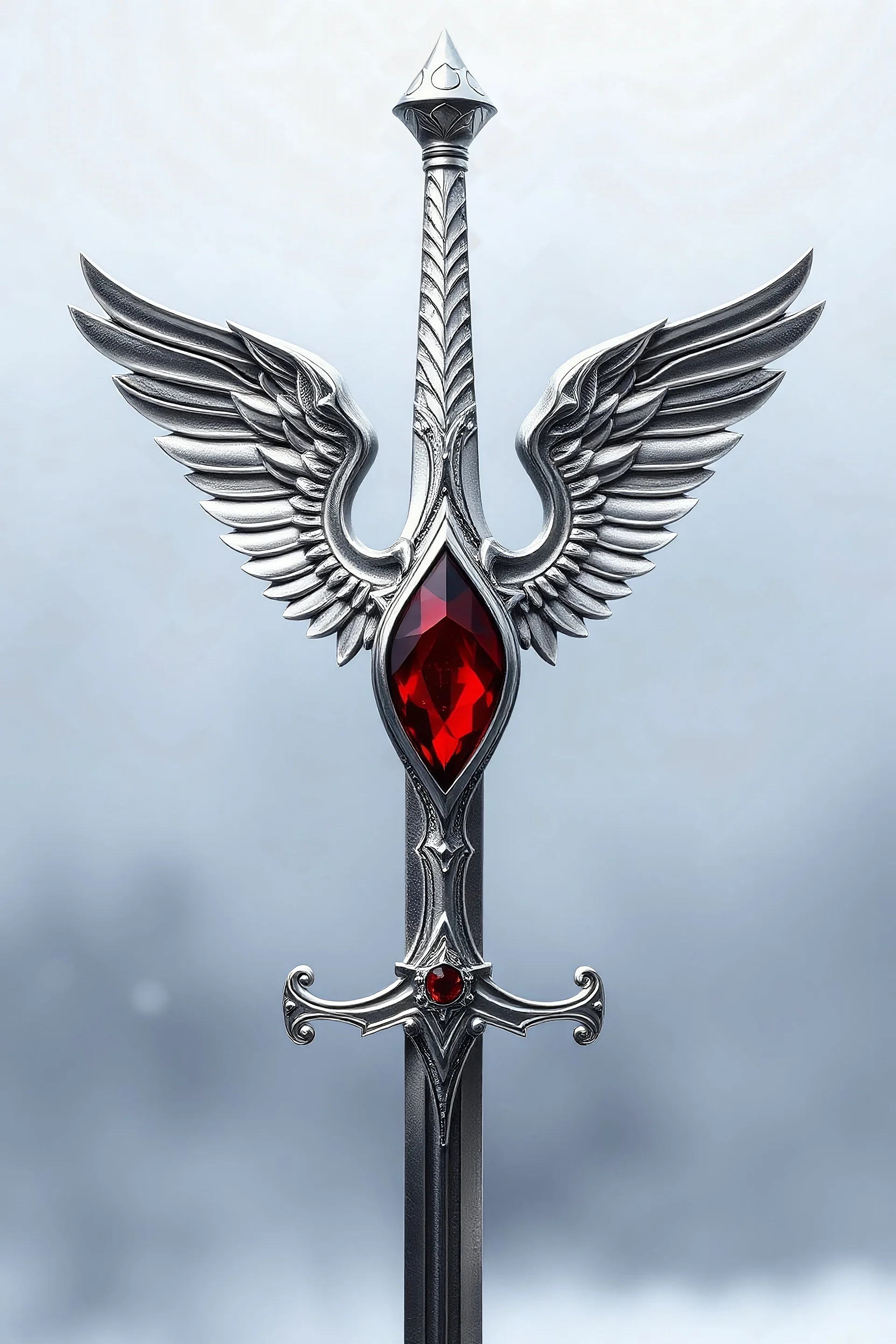 A silver rapier that has an open center and a blood colored gem in the hilt. It had 4 angel wings that form the guard