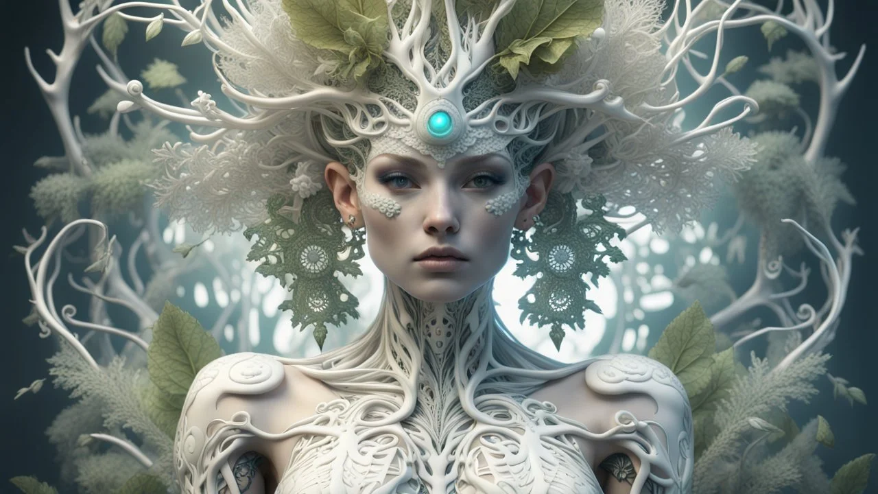 3D render ultra detailed of a beauty white glossy, swoman DRYAD, from knee to head, biomechanical cyborg, analog, 35 mm lens, beautiful natural soft rim light, big leaves and stems, roots, fine foliage lace, colorful details, samourai, earring, heavely tattoed, intricate details, mesh wire, mandelbrot fractal, facial muscles, cable wires, microchip, badass, hyper realistic, ultra detailed, octane render, volumetric lighting, 8k post-production, red and white, detailled metalic bones, semi human