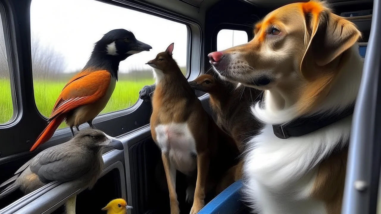 Bird driving semi truck with dogs and cats hybrid mewing