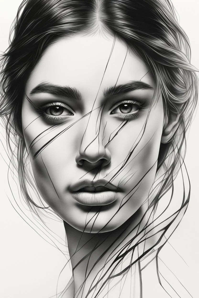 A realistic drawing in negative space black ink on white background of a beautiful girl with lines enhance her face max enrist