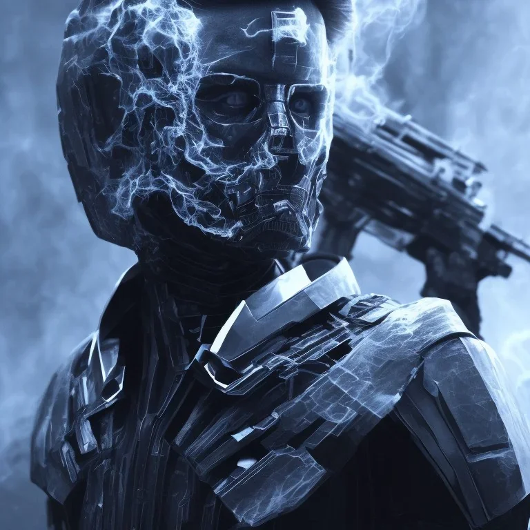 All Black Hayden Christensen soldier, ghost, wearing high tech mask, white smoke, dark, rage, sorrow, high definition, ultra 8 k, volumetric lighting, blue fire, fog