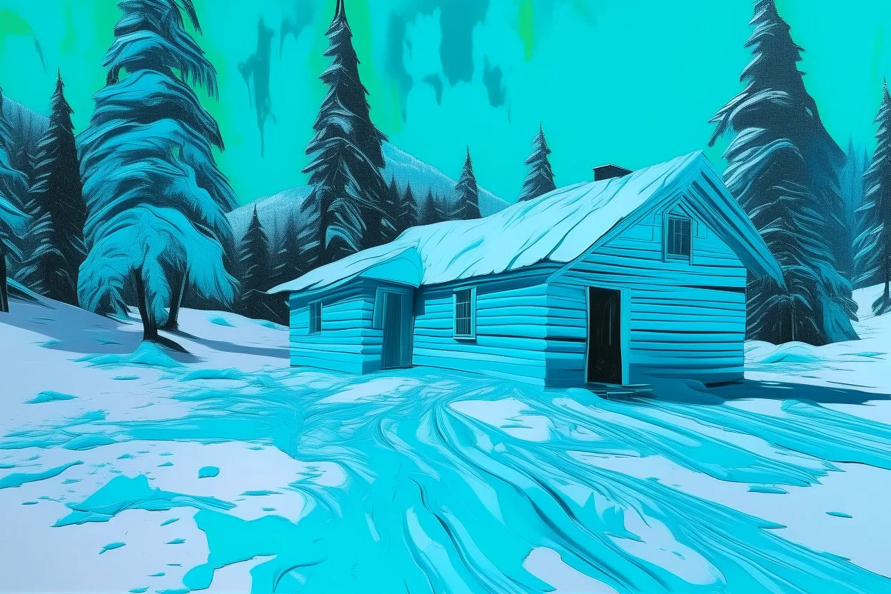 A cyan snowfield with a frozen cabin painted by Andy Warhol