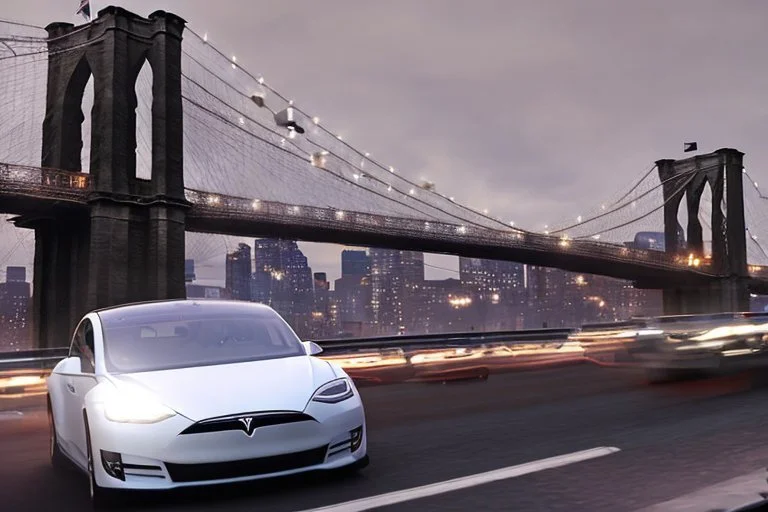 A Tesla's 'Model 3' is racing at top speed, on the 'Brooklyn Bridge' in New York. CINEMATIC. WIDE ANGLE LENS. PHOTO REAL.