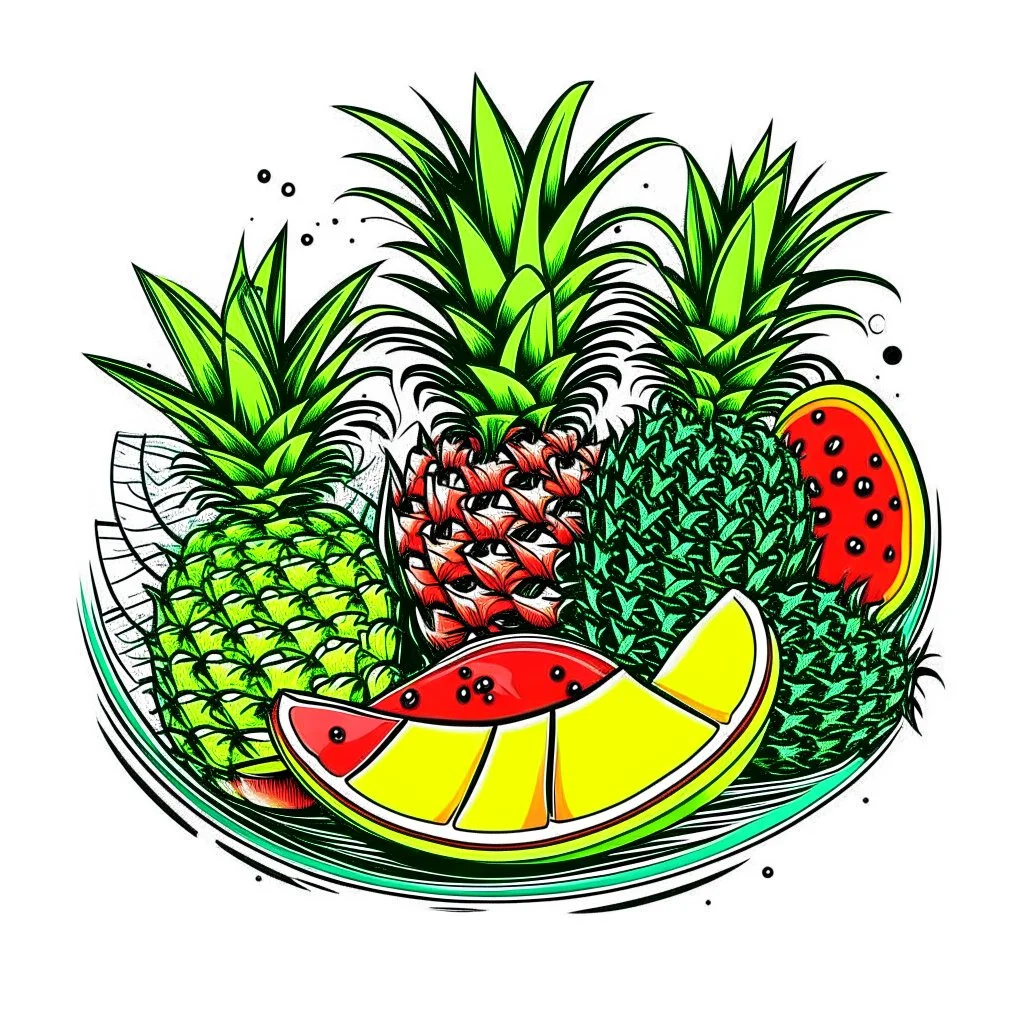 A tropical fruit platter with pineapple and watermelon slices, vibrant, refreshing, overhead lighting, T-shirt design graphic, vector, contour, white background