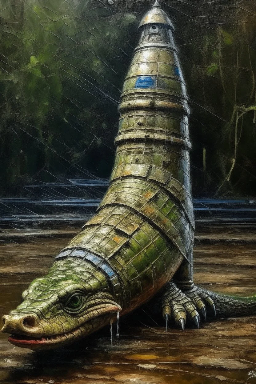 crocodile that looks like a rocket, prize winning oil painting