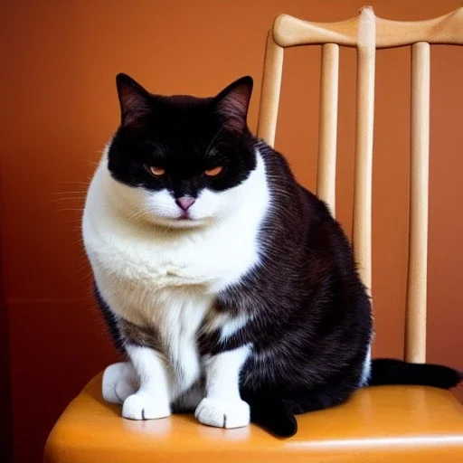 A fat cat sitting on a chair.