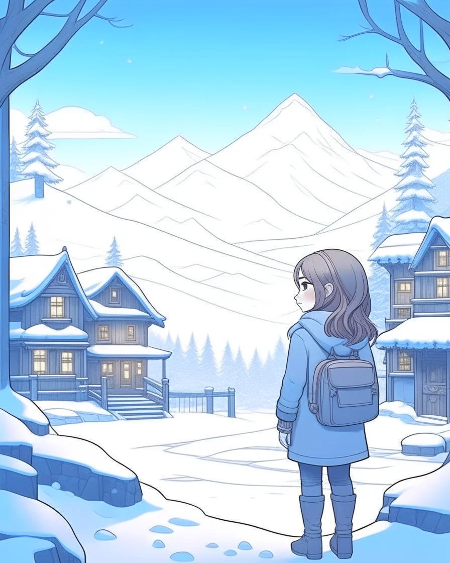 coloring page: Snowy sanctuary: Transport yourself to a serene winter scene, where a girl embraces the first snow in her mountain abode. This real-cartoon marvel, inspired by ArtStation trends, is rendered with sharp focus and studio photo quality, showcasing intricate details that evoke a sense of serene nostalgia. (Aspect ratio: 4:5, Content type: Graphic, Style: Real-cartoon, Mood: Serene and Nostalgic)