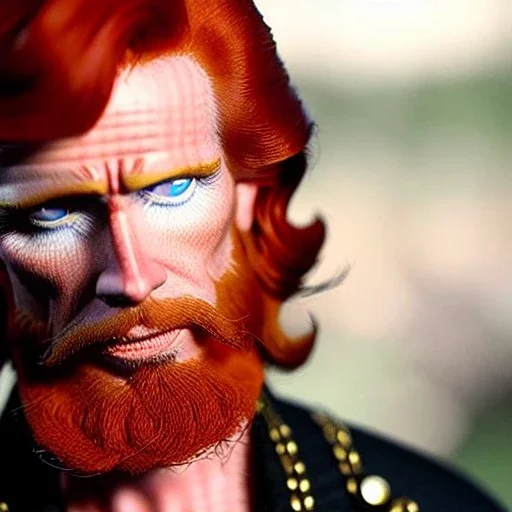 male actor Courtney Gains as a ruggedly handsome, roguish pirate, charismatic, attractive male, masculine, perfect, precisely detailed clear eyes, unblemished, flawless skin, softly freckled face; meticulously detailed multi-hued ginger carrot-colored cherry fire red hair; Malachai of the corn; ethereal fantasy maximalist matte painting, realistic, Victorian era, old fashioned, vintage, antique, beautiful, renaissance; Susan Jeffers art, Jason Beam art, Clint Carney art, Jason Felix art