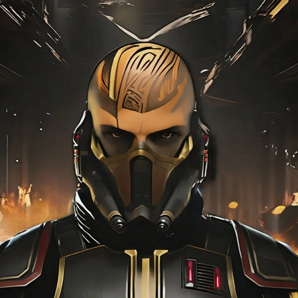 star wars bald male corellian jedi wearing gunmetal grey and black old republic armored flightsuit with gold and metallic red trim inside the jedi temple, centered head and shoulders portrait, hyperdetailed, dynamic lighting, hyperdetailed background, 8k resolution, volumetric lighting, light skin, fully symmetric details