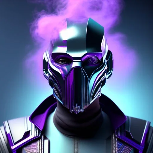 futuristic purple masked villain in galaxy, teal and purple smoke, detailed, realistic, 4k