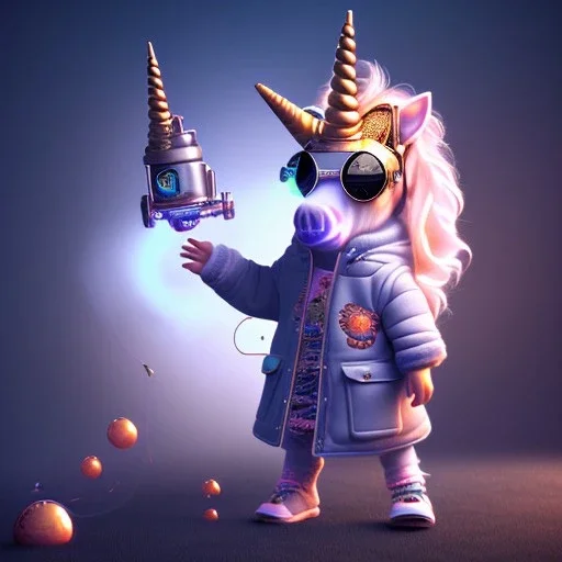 Unicorn toddler, smile, steampunk headphone, sunglass, gangsta neckless, full body, orange puffer jacket, tokio background, dramatic lighting, hyper realistic, unreal engine 5, 16k