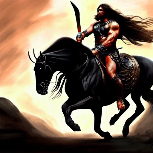 ultra detailed portrait of Conan the barbarian Riding a black horse, wearing armor and Sword, extremely detailed digital painting, extremely detailed face, in the style of robert e howard , mystical colors, rim light, beautiful lighting, 8 k, stunning scene, raytracing