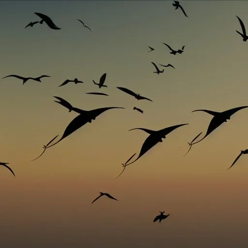 A group of pterosaurs flying in the sky