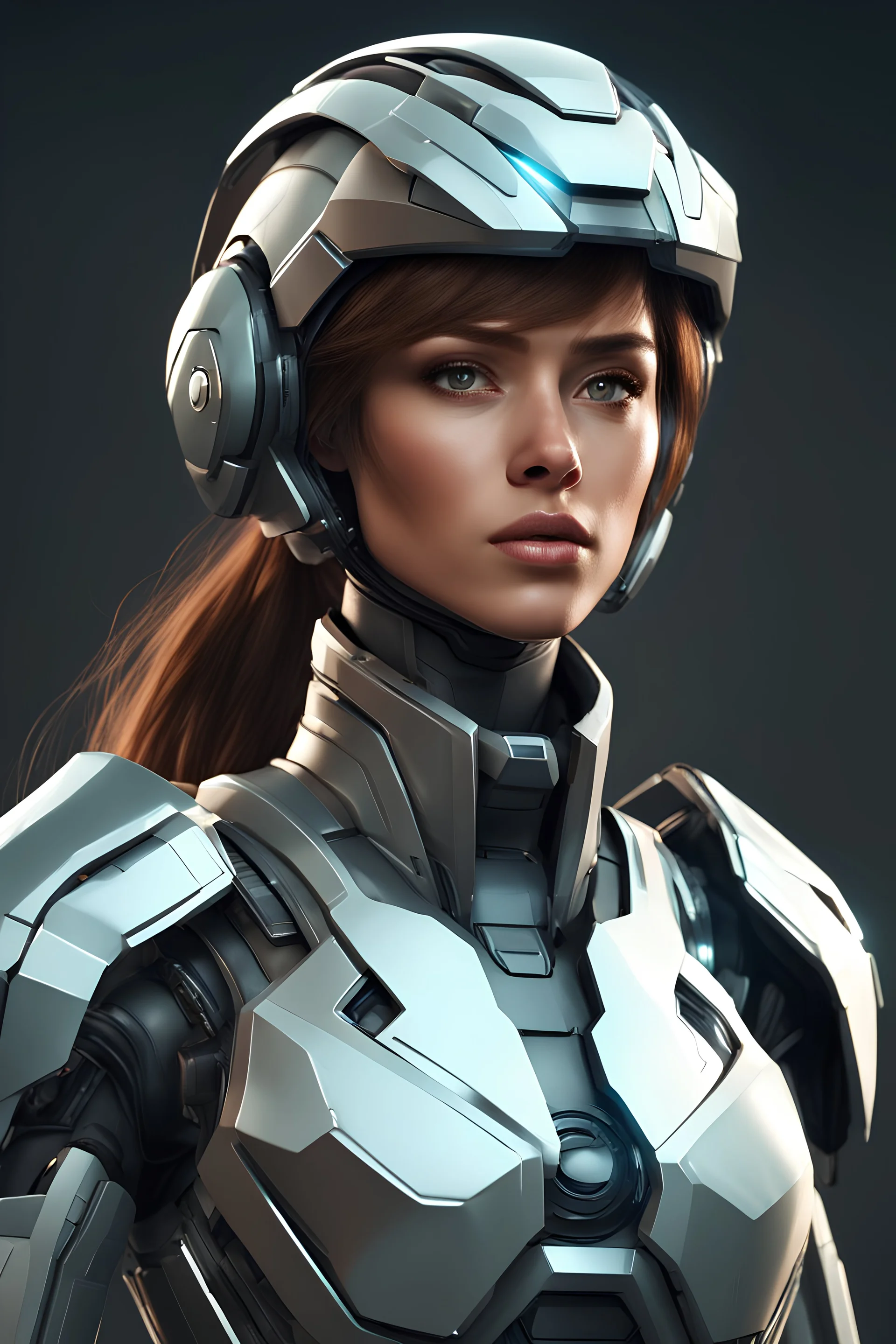 A female futuristic soldier with an athletic physique, a strong face, brown hair, a helmet