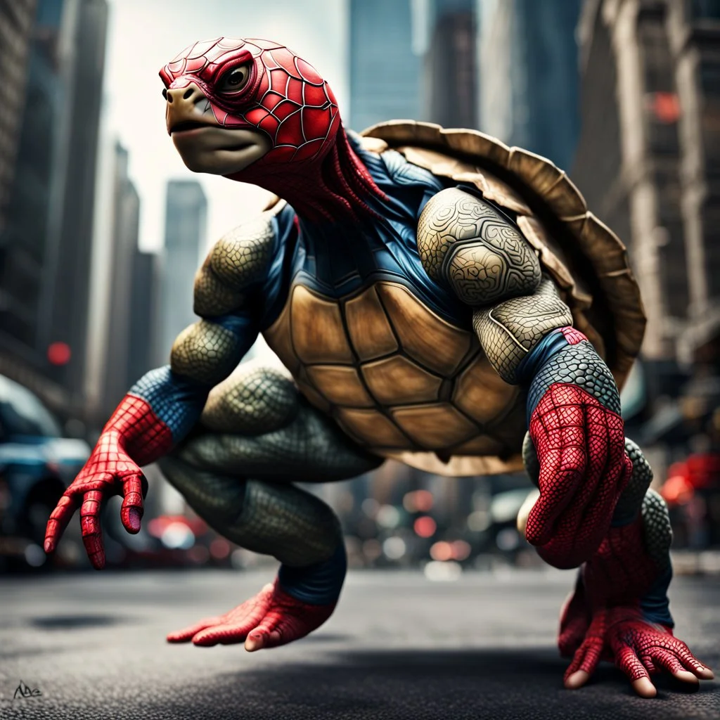 Fhoto full body, reality, Raw, animal turtle costum spiderman, digital art, with text "addie", intricate details, powerful composition, captivating, , trending on artstation, sharp focus, studio photo, intricate details, highly detailed, by addie_digi