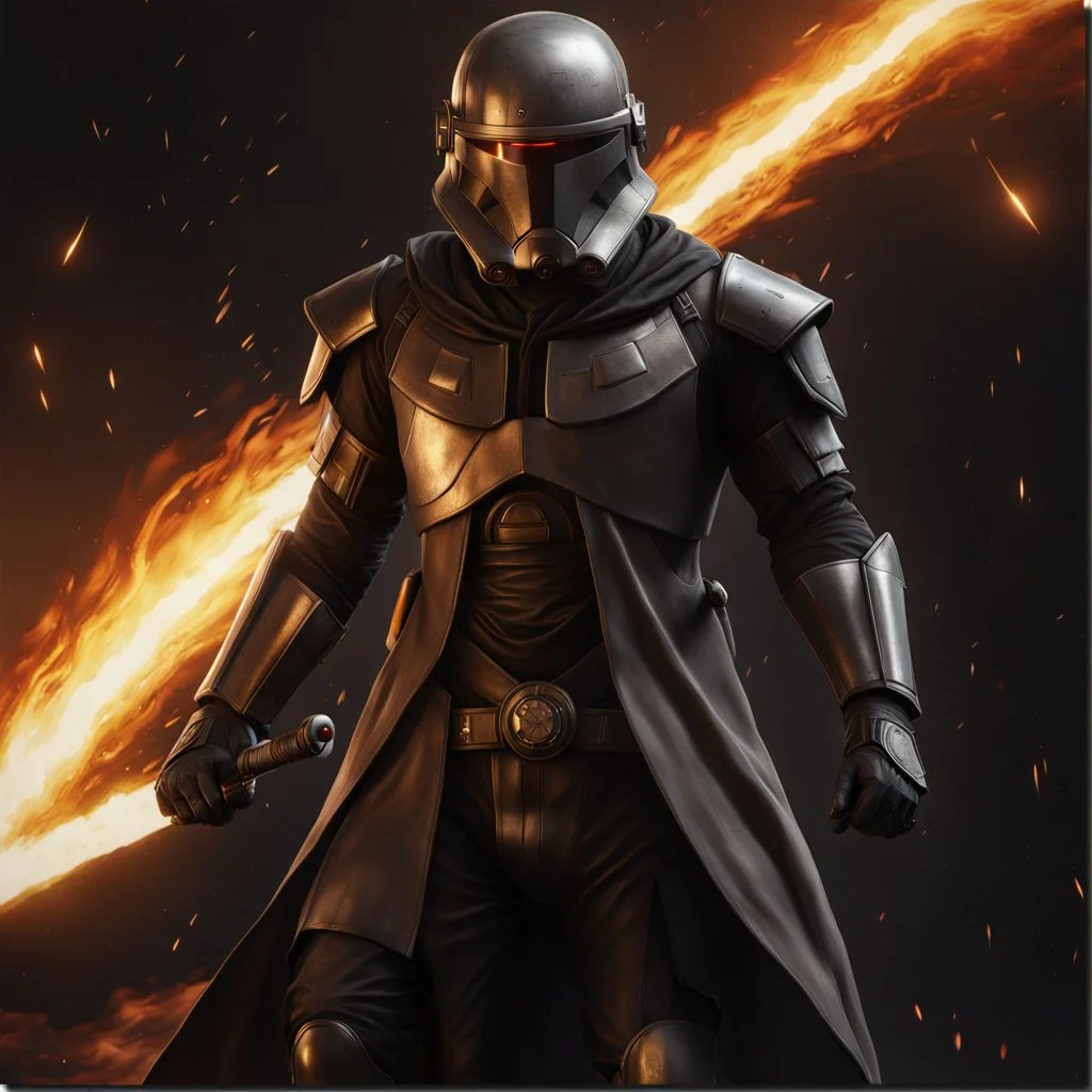 star wars bald male corellian pilot wearing pearlescent black and gunmetal grey First Order special forces heavy assault stealth commando armor and helmet with gold trim inside the jedi temple, hyperdetailed, dynamic lighting, hyperdetailed background, 8k resolution, volumetric lighting, light skin, fully symmetric details