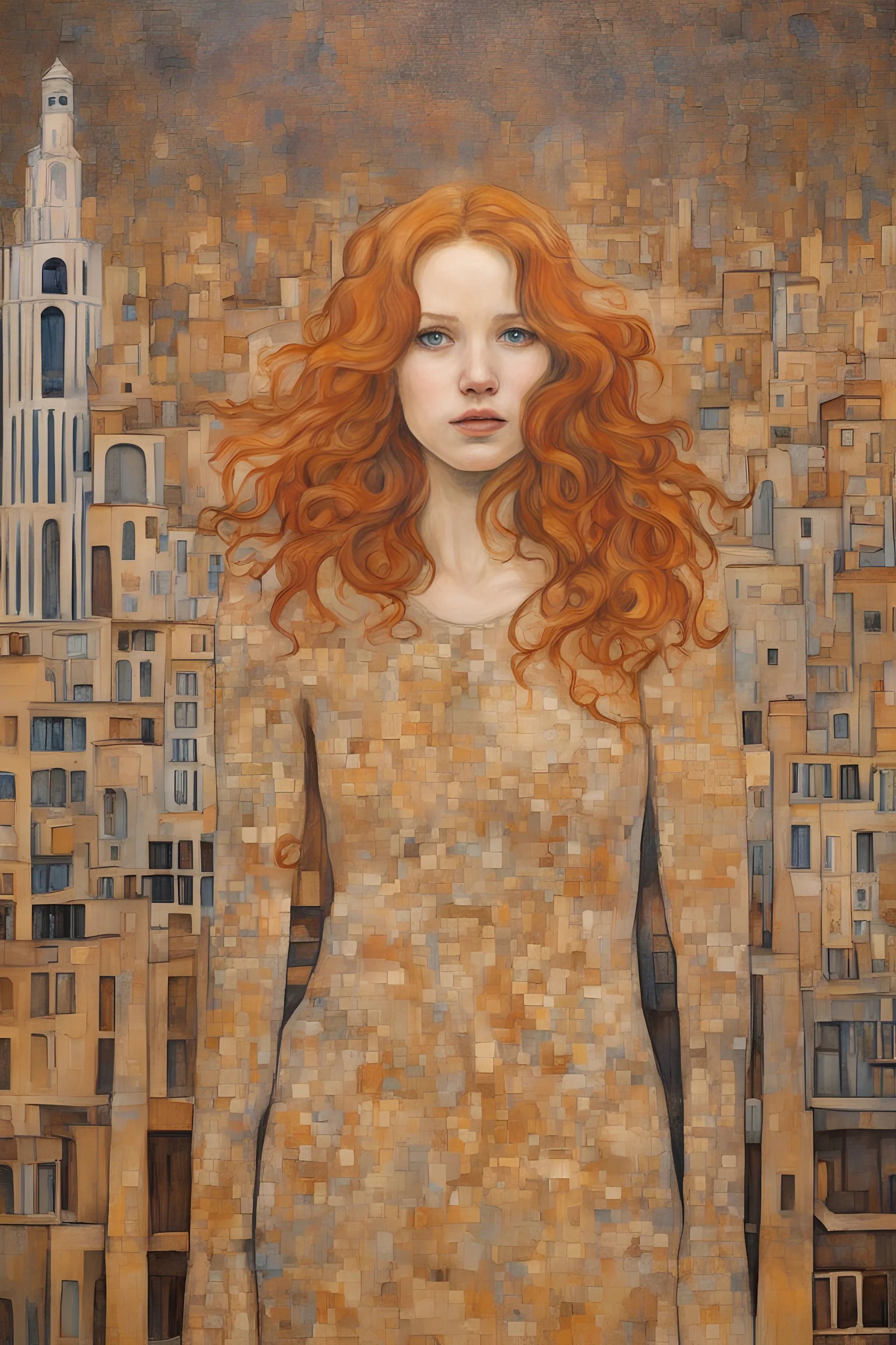 Barcelona the30h century Ginger hair Alexandra "Sasha" Aleksejevna Luss and Jennifer Lawrence psychology erect oil paiting In depth psychology display Gustav Klimt style, dream, symptom, image in the background in the city artgerm display Gustav Klimt style artgerm display in the Barcelona the30h century oil paiting. Sigmund Freud's trip to Barcelona the 30th century oil paiting was like an adventure , and the city itself seemed like a big illusion, full of light and shadows.