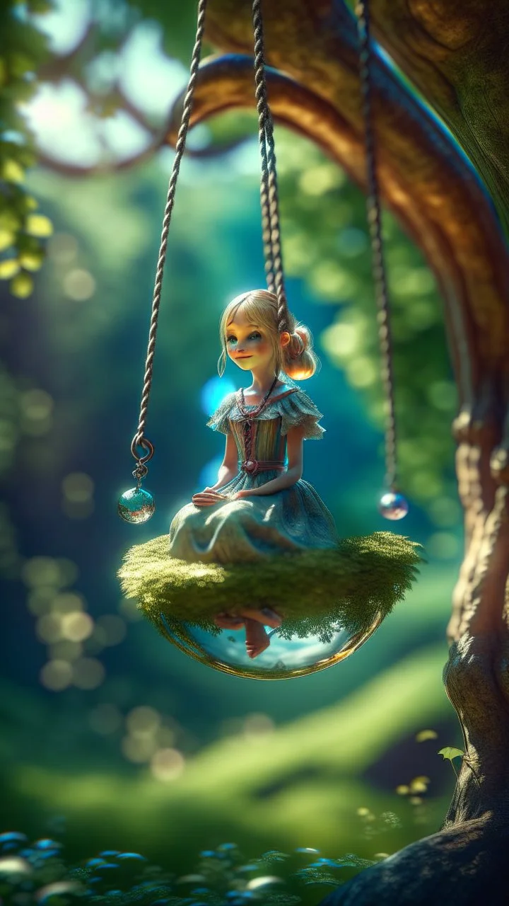 portrait of elf princess on a swing inside a crystal ball hanging from a tree in the mountain , shot on Hasselblad h6d-400c, zeiss prime lens, bokeh like f/0.8, tilt-shift lens 8k, high detail, smooth render, down-light, unreal engine, prize winning