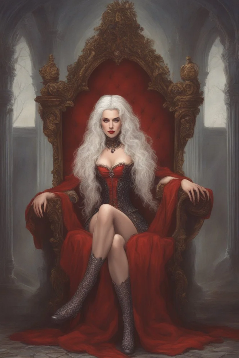 Beautiful white haired Vampire queen on her throne, drawing. Wearing a red cloak with a fur collar. Portrait, waist up