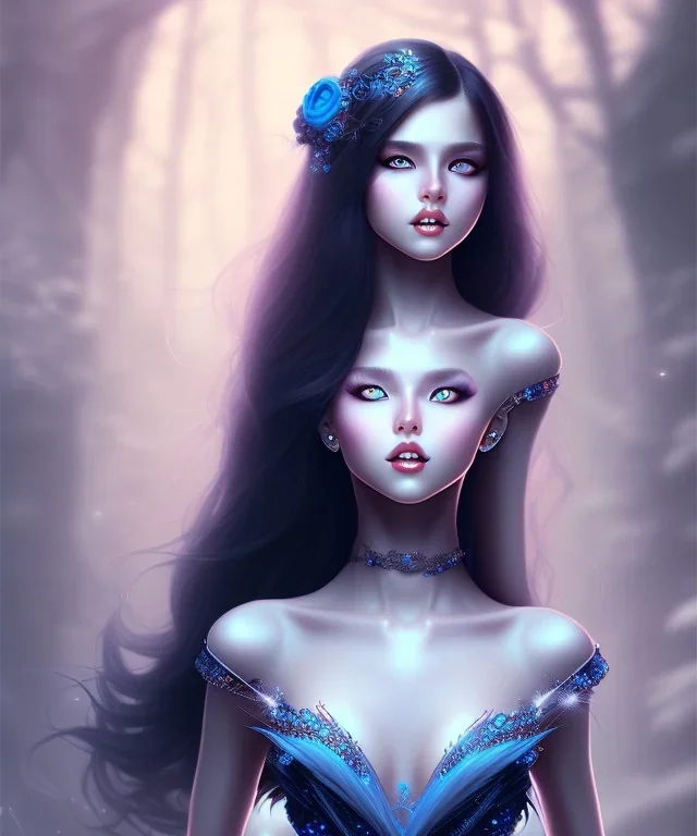 beatiful girl, black long hair, corsage, smile, blue eyes, fantasy art