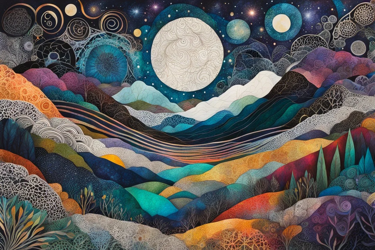 abstract paper collage overlayed with Zentangle patterns that depicts the vastly diverse landscape of Nature beneath an ethereal, cosmic night sky, highly detailed, vibrant natural color, with bold ink outlining