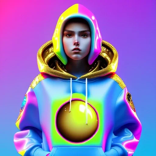 latin woman teenager, few freckles, gold teeth, bubble hoodie, purpurin, retro futuristic, latex dress, gradient color, BLUE, PINK, CYAN, neon, insanely detailed, 16k resolution, perfect eyes, cinematic smooth, intricate detail