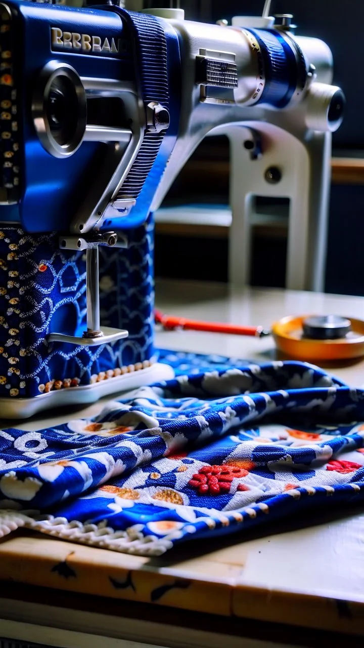 sewing aesthetics, blue, white, sewing machine, fabrics