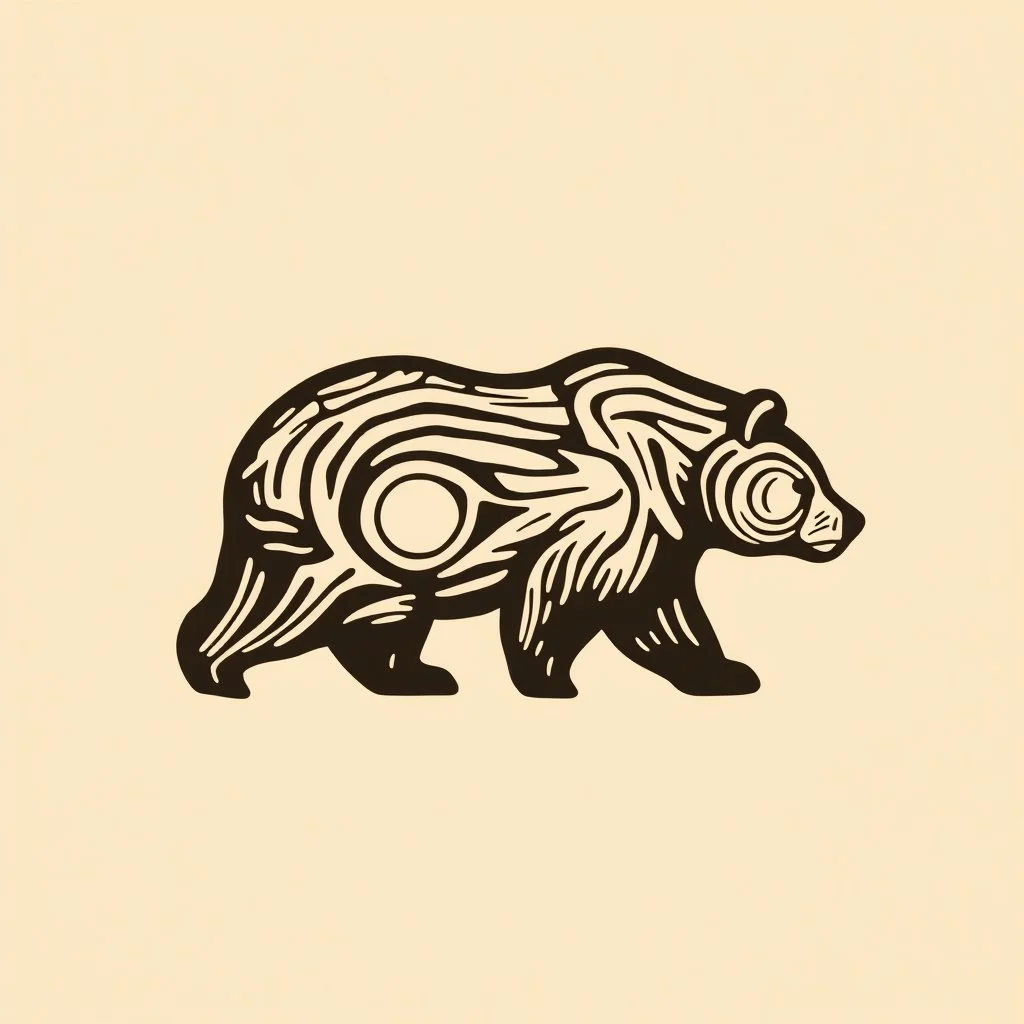 combine textured log with shape of a bear, graphic style, minimalistic,clean