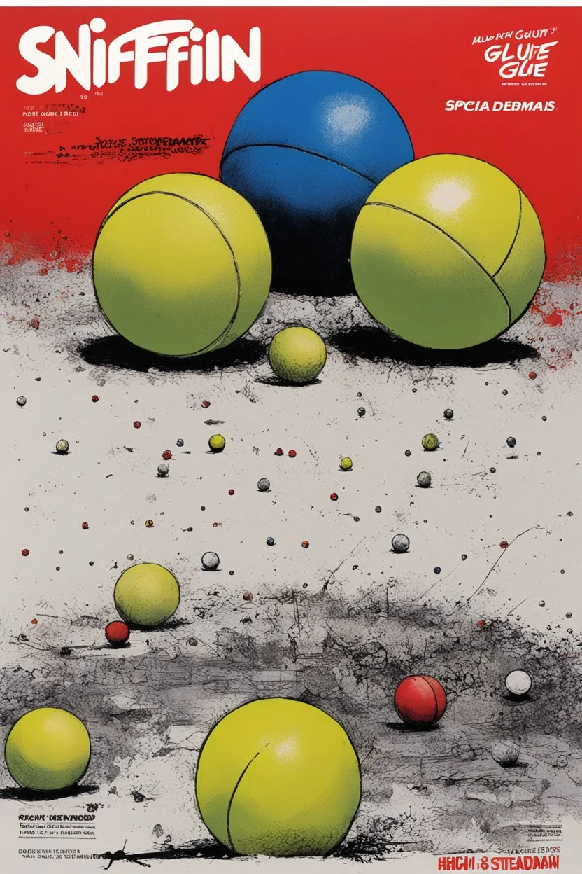 SNIFFIN’ GLUE magazine high res photo cover by Ralph Steadman: special squared tennis balls ; guest star : squared balls