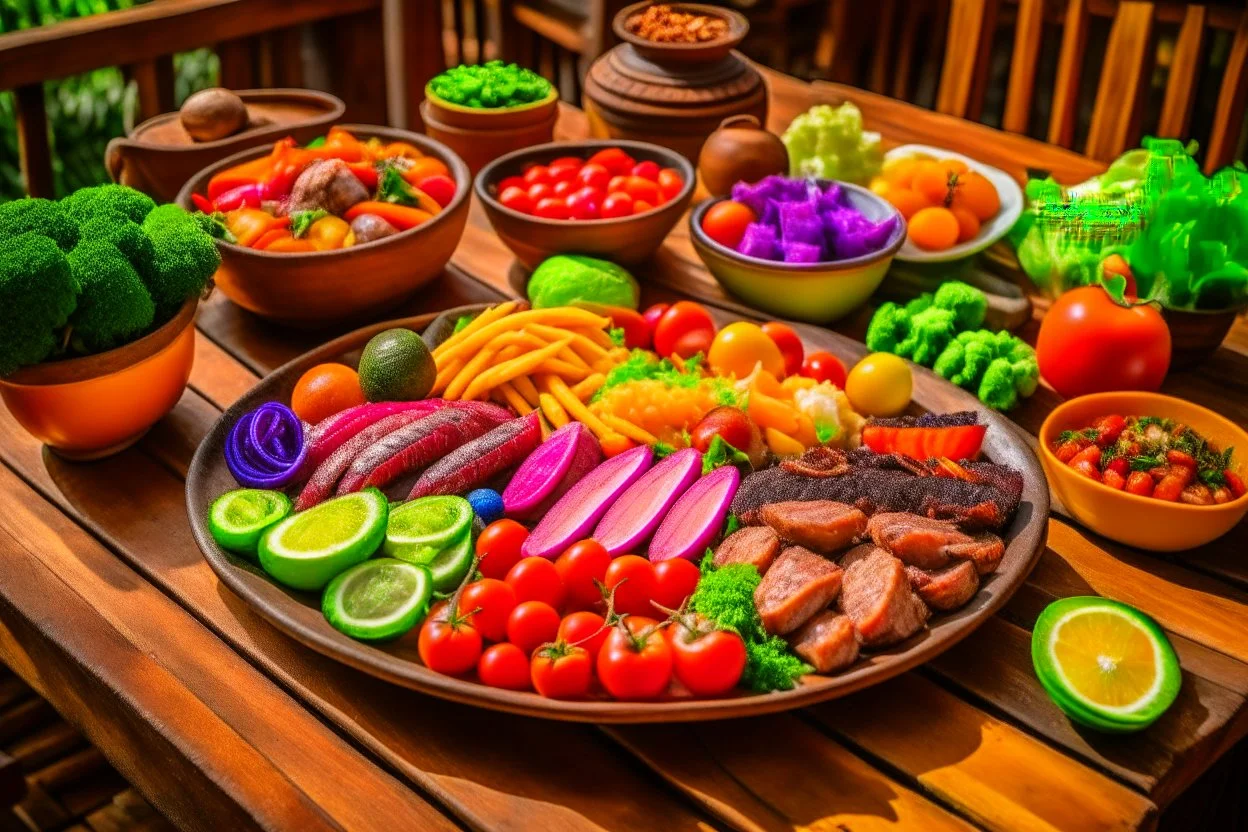 The picture shows a tasty and enticing dish containing a variety of tasty and colorful foods. The foods include perfectly grilled meat slices and crispy fresh vegetables pulsating with colors and flavors. The background shows a simple wooden table and a warm climate that feels comfortable and enjoyable to the eating experience.