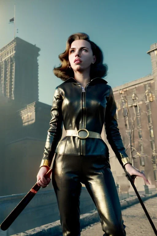 retro portrait image from 1960, city background, wind, long hair, young Scarlett Johansson, classic black tight lycra suit, metal stick weapon, gold bracelet and belt, high heel boots, soft color, highly detailed, unreal engine 5, ray tracing, RTX, lumen lighting, ultra detail, volumetric lighting, 3d, finely drawn, high definition, high resolution.