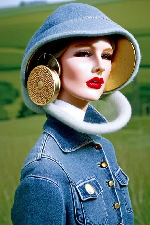 Photograph. Woman fashion. Doll creamy fake skin. Old-fashioned lenses and CD's integrated to full-mask. Old big headphones, golden ring & disc. Possible materials are denim, leather, wool, steel, plate metal, vinyl, feather, wire. Haute Couture 1990. Small Finnish farm. Adaptive background. Tubes, nets, other structures, Recycled plastic. Sheep, chicken, turkeys. Natural Light. Possible colors: Bronze, steel, army green, plum, terracotta, brown and black. Thick tights. Thick calves. Curved fel