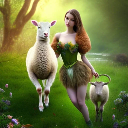 apple, upper body of selda holding lamb, fast walker, as a brunette young cute feminine woman, short hair, green forest background, pond, mega flowers,peacock,sun light