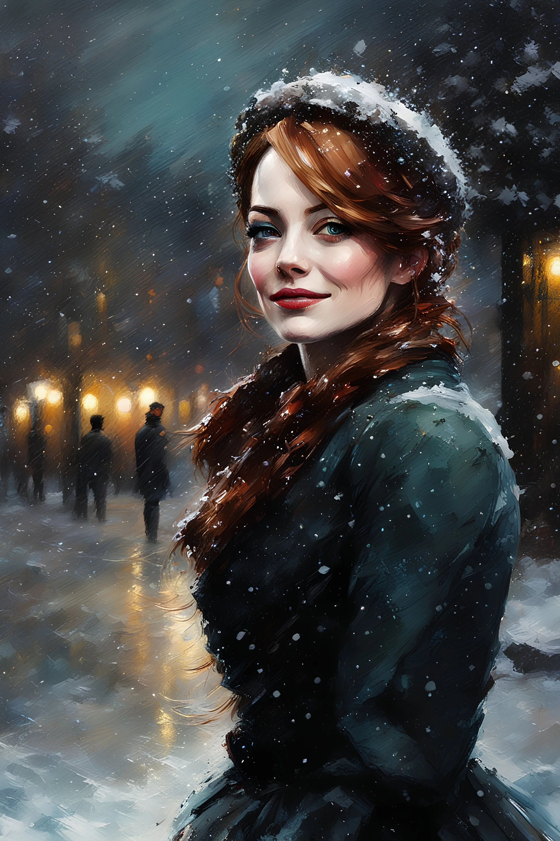 cute smiling victorian Emma Stone 28yo, long eye lashes, in london in winter 1860, with heavy snow falling:: dark mysterious esoteric atmosphere :: digital matt painting with rough paint strokes by Jeremy Mann + Carne Griffiths + Leonid Afremov, black canvas