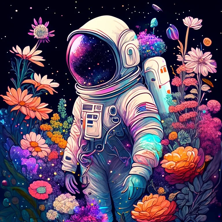 "floral astronaut" hand-drawn digital art, flowers everywhere, colorful garden, beautiful galaxy, REALISTIC, anime, 4k, high resolution, full details