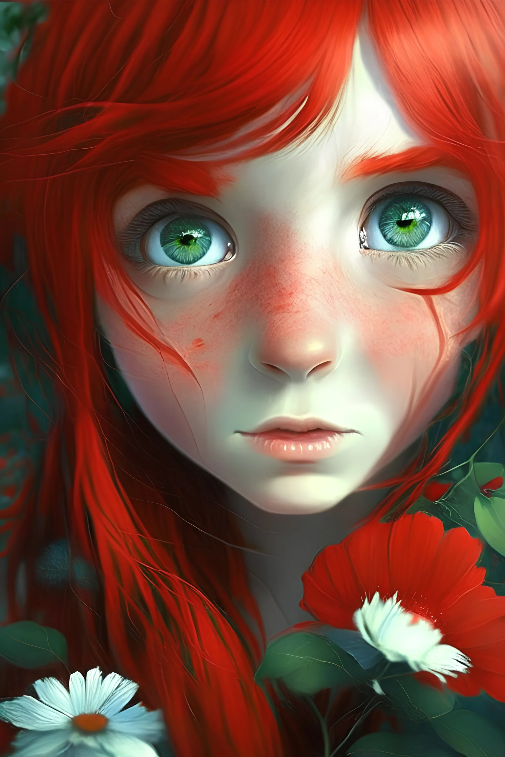 chica anime peliroja y ojos de flor rojo