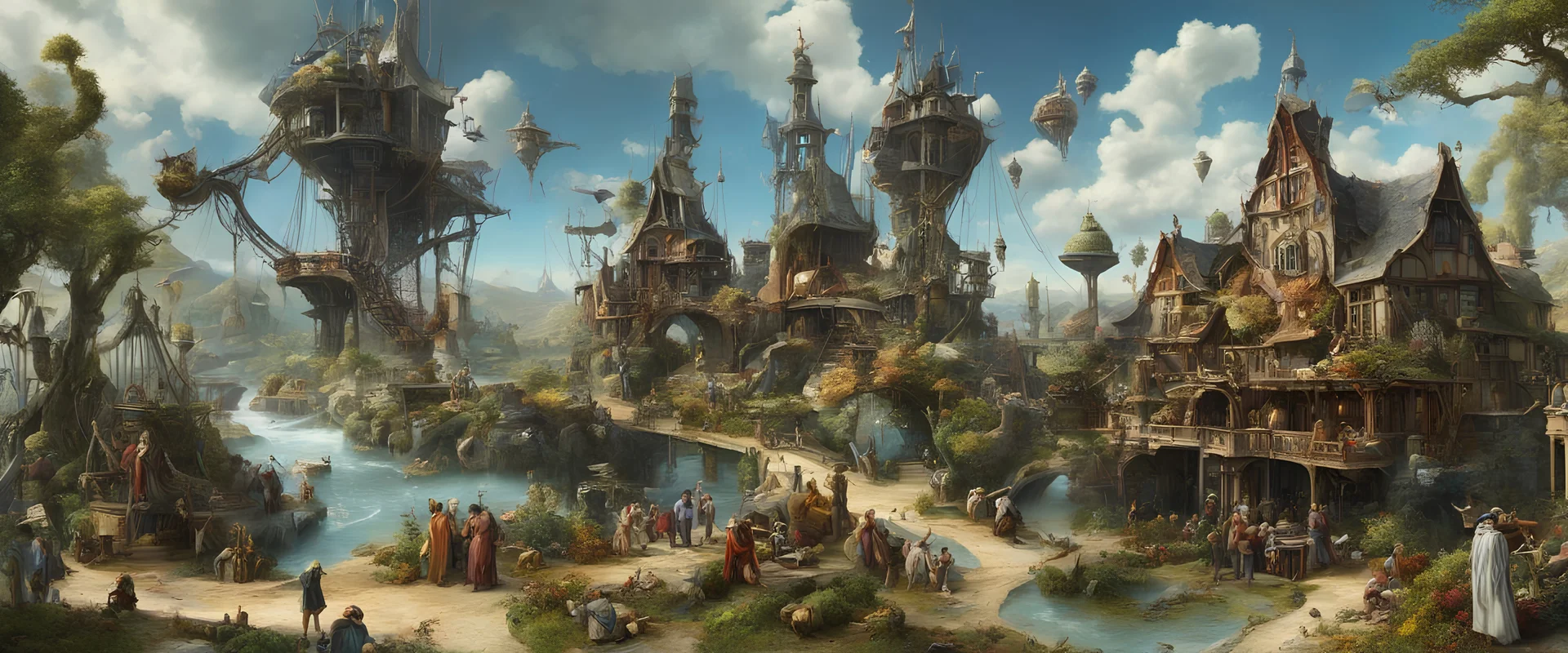 A busy outdoor surrealist market, in a beautiful surreal outdoor countryside summer scene, with hills & fields, intricate dwellings, many pathways & stairways, streams, waterfalls, a waterwheel, & many magnificent sky-beasts fly up high : in the style of Salvador Dali & Hieronymus Bosch, very high detail, photorealistic, epic cinematic, 8K, Large depth of field