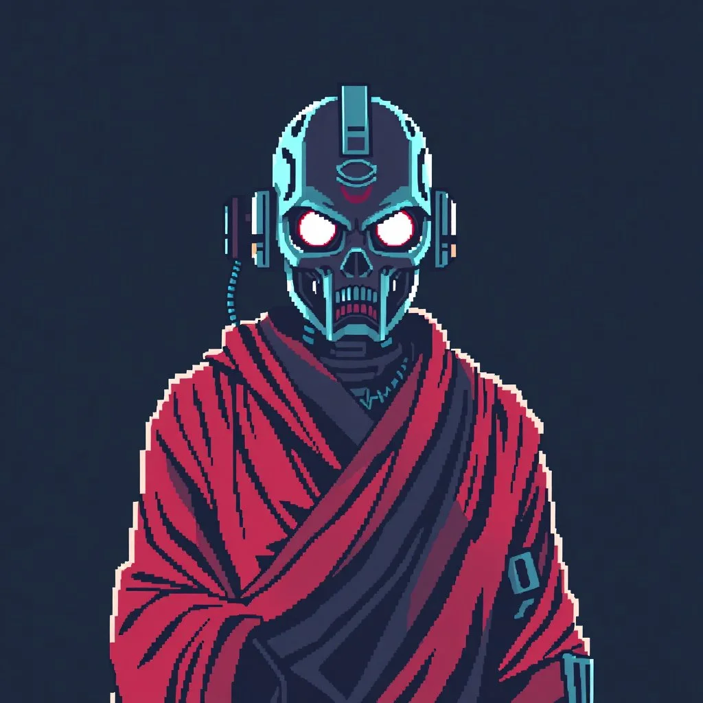 8 bit pixelart of a terminator like robot, synthwave colored, vaporware, budist monk robe