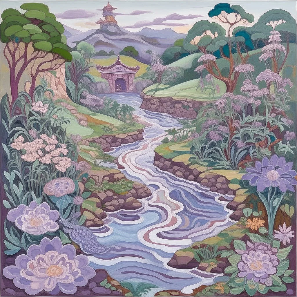 A light purple gorge with a swampy water river designed in Mexican folk art painted by Cai Jia