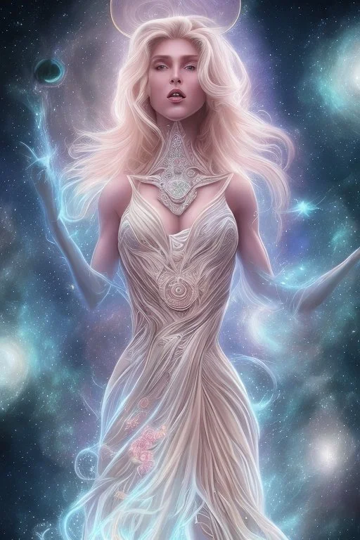 Create an image of a full body cosmic Goddess. The goddess should be depicted as a beautiful and powerful figure, surrounded by cosmic stars. Her hair should be long, blond and flowing, and she should be dressed in a flowing gown blue celestial robe. In the background, include imagery of pink flowers, blue sky,trees. The image should evoke a sense of joy, celebration, and spiritual connection to nature.