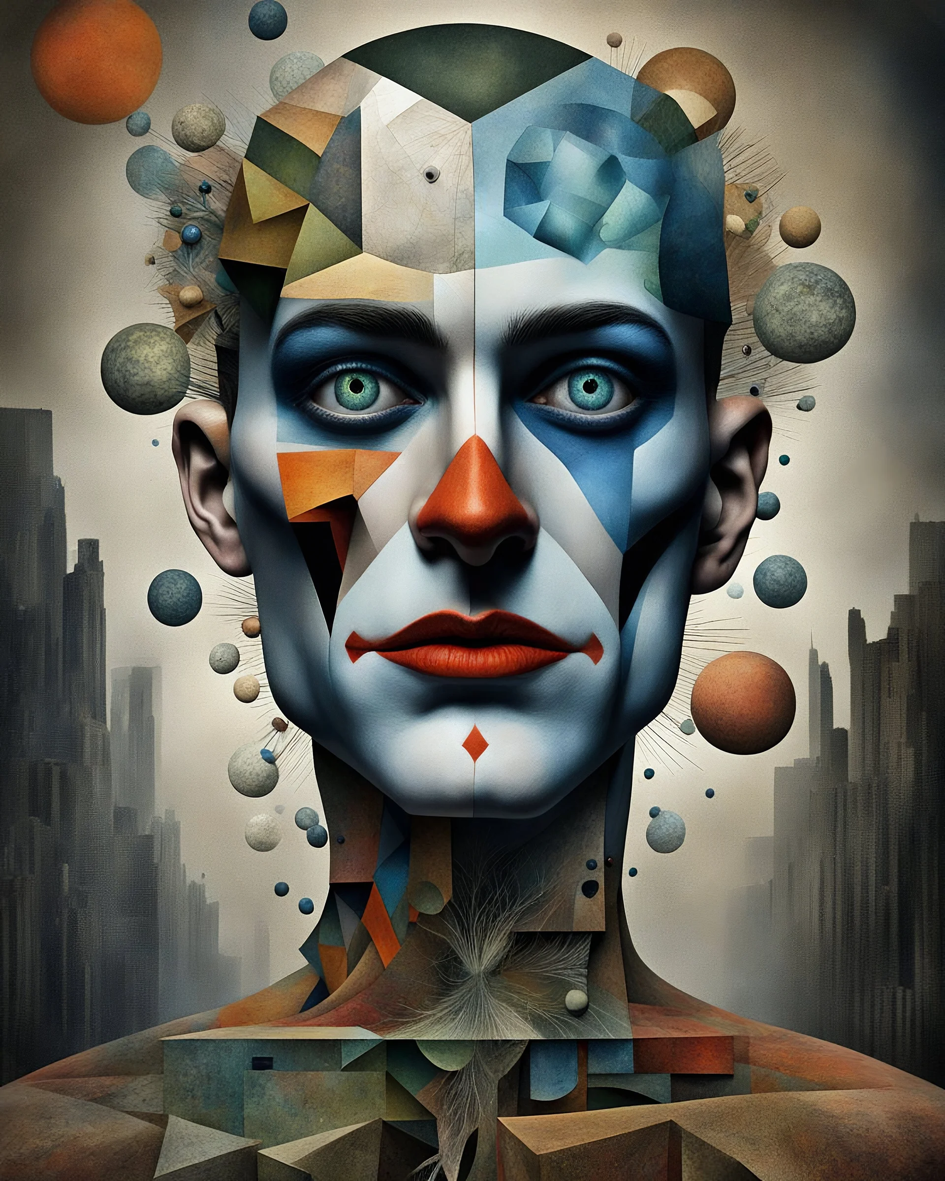 time-lapse photography, character from joker, Painting in the style of Igor Morski and Paul Klee blending elements of expressionism, cubism, futurism, surrealism, and abstractionism, a body entwined with surreal landscape, displaying human anatomy merging with fractal components of nature, earth tones dominate the canvas with selective color bursts, incorporating visual metaphors, Brazilian naturism fashion aesthetic, ultra realistic, digital painting, high intr