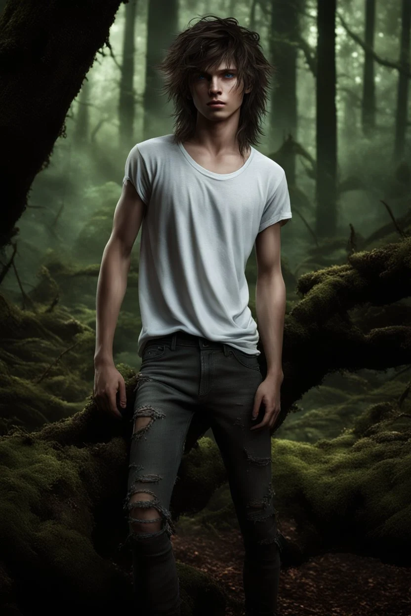 thin 17 year old boy with dark tangled and knotty hair and blue eyes wearing a ripped and dirty white teeshirt, in a forest , photorealistic, dark fantasy