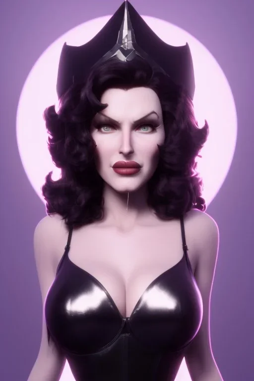 Rita Hayworth as evil queen in black leather, busty, cleavage, curvy, angry, stern look. character design by cory loftis, fenghua zhong, ryohei hase, ismail inceoglu and ruan jia. unreal engine 5, artistic lighting, highly detailed, photorealistic, fantasy