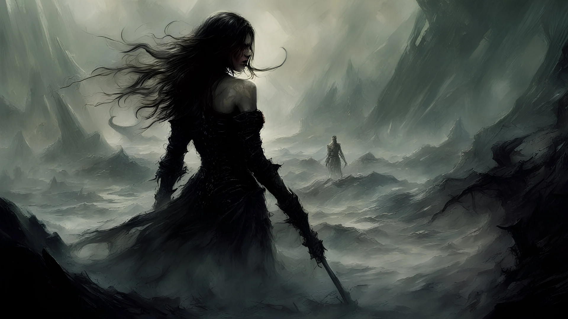 Dark fantasy world, girl, battle, mist, battlefield, Lovecraft's Monster in the background, dark colors, Luis Royo & Raymond Swanland & Alyssa Monks & Anna Razumovskaya