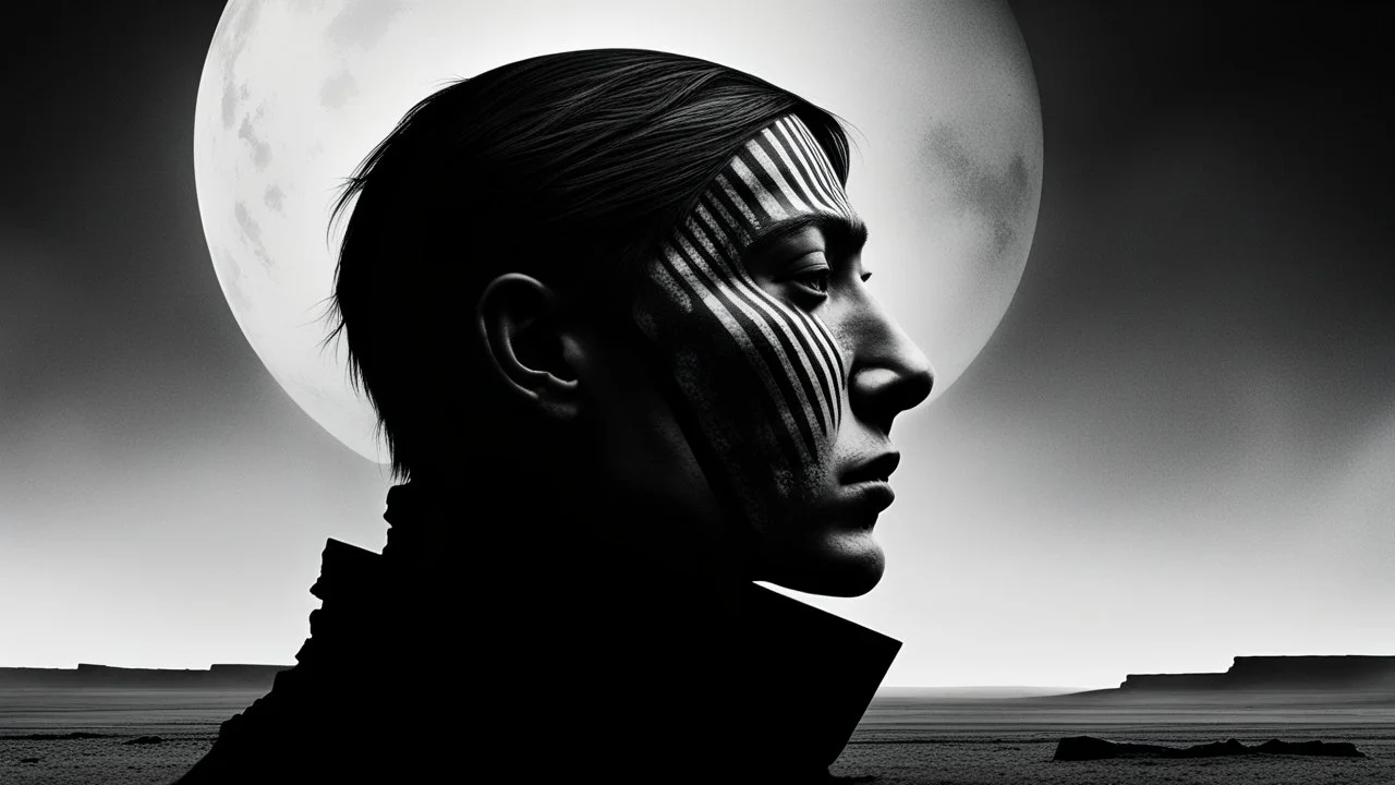 black and white portrait, a human face in profile, gaze into nothingness, three red engraved stripes on the face, alone, pain, background behind it a surreal, barren landscape, ruins, and a black sun. dark, thriller, gloomy vibe, utopian, dramatic