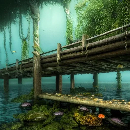 underwater scene with wood bridge, trees, forest submerged underwater, fish, 8k Resolution, Fine-Detail, High-Quality, Intricate, Detailed Matte, 3d Octane Render, Beautiful, Stunning, Brian Froud, Selina French, Howard Lyon, Greg Rutowski, Annie Dittman, Annie Stokes